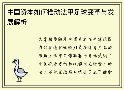 中国资本如何推动法甲足球变革与发展解析